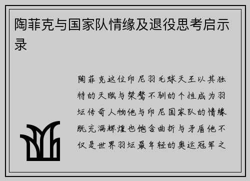 陶菲克与国家队情缘及退役思考启示录